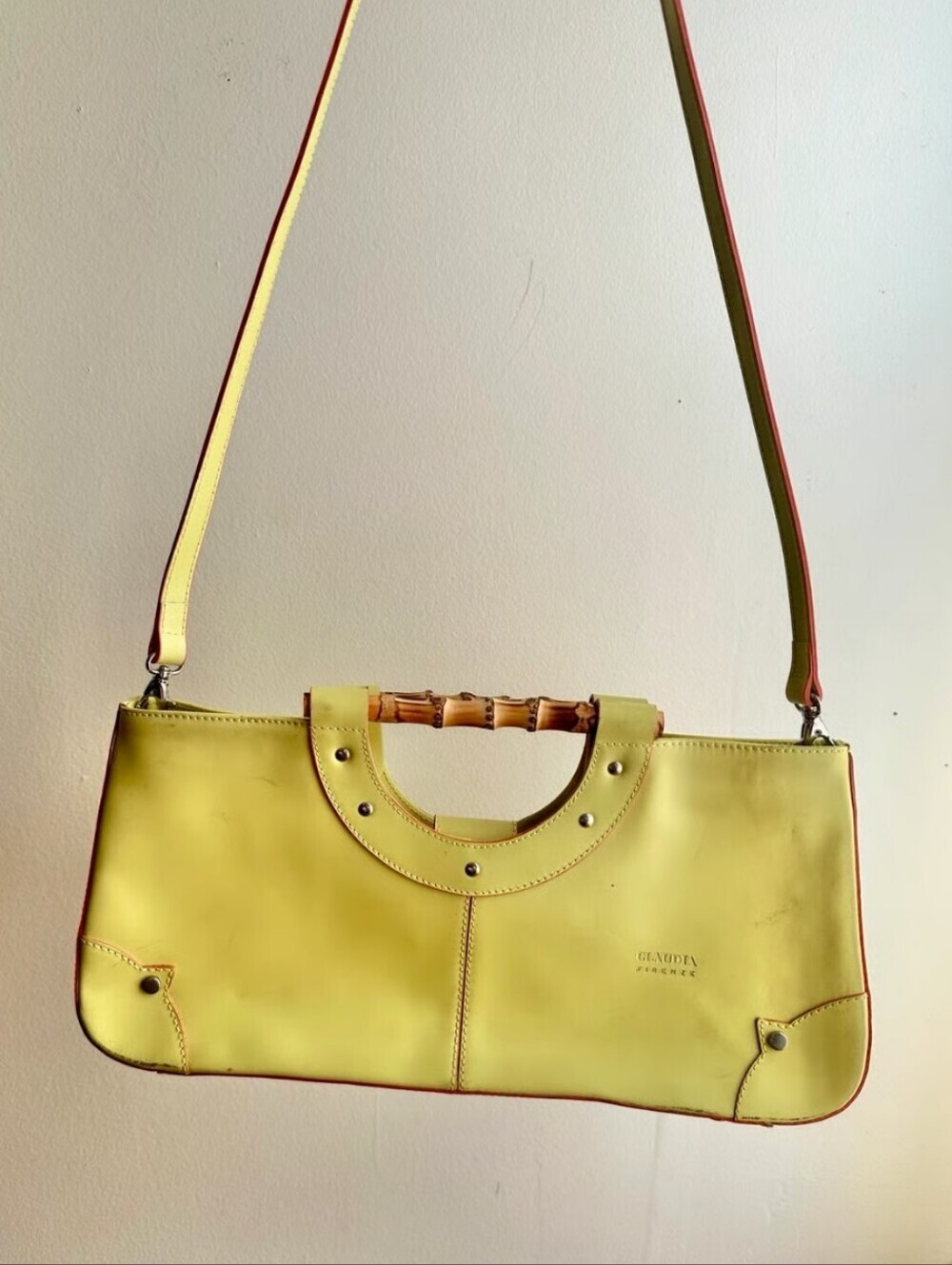 Claudia Firenze Yellow Bamboo-Handle Shoulder Bag Made In Italy Leather Euc